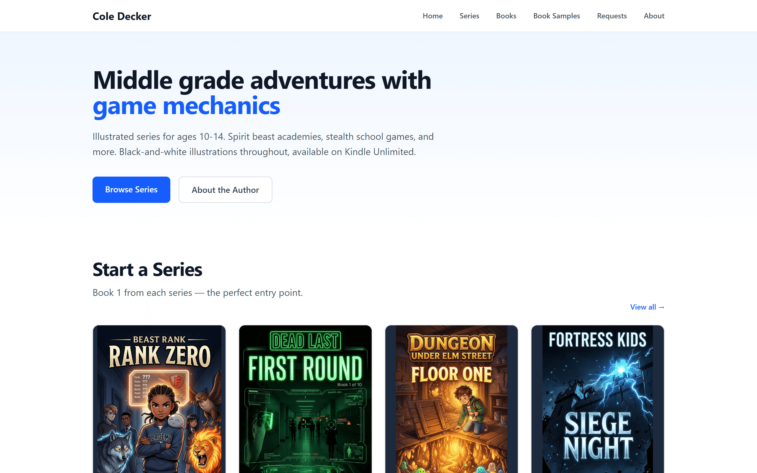 Cole Decker homepage — middle-grade GameLit author