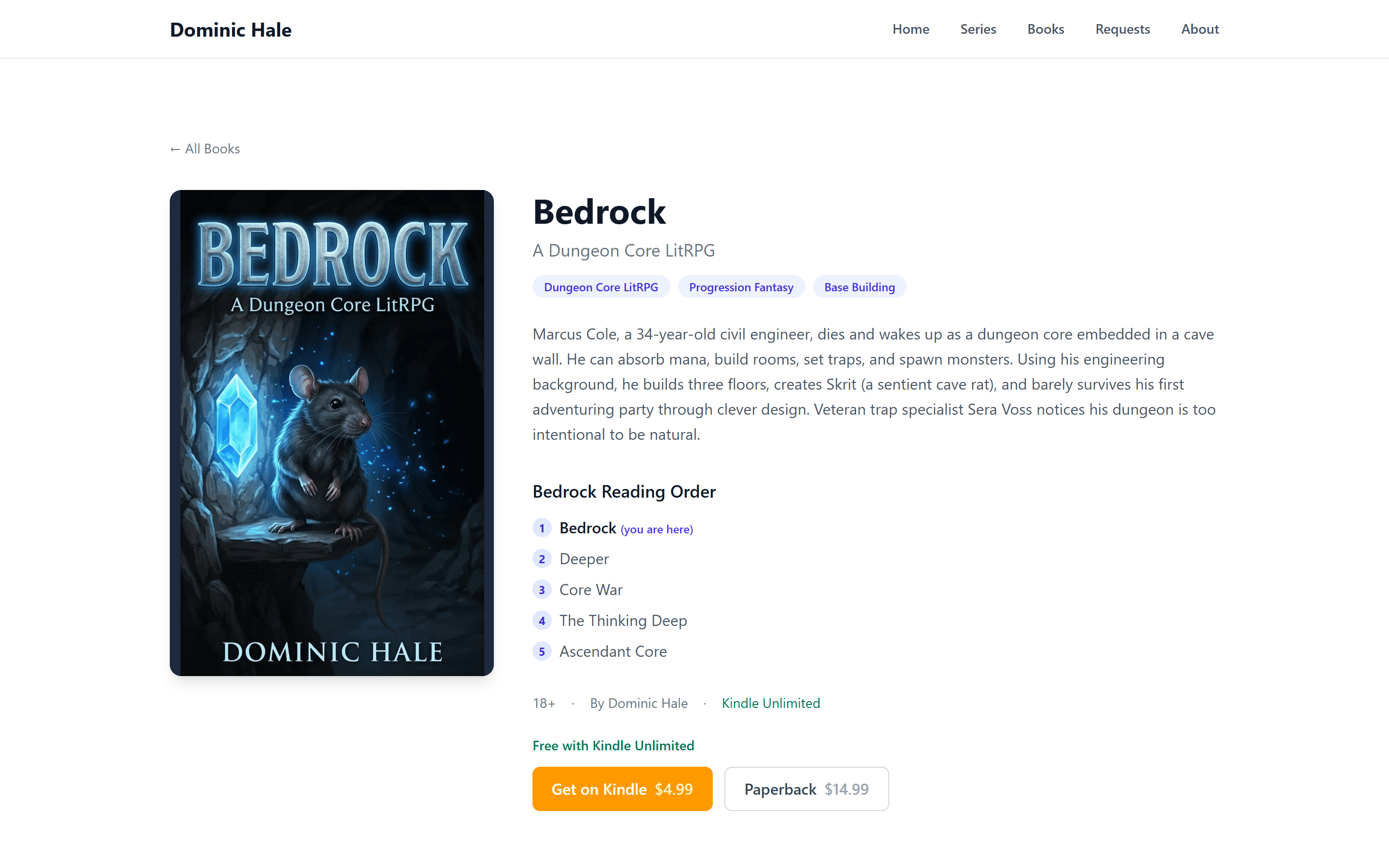 Bedrock book detail page with series read-through