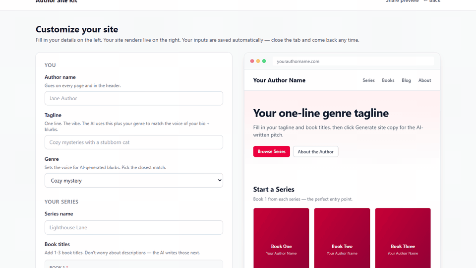 Customizer demo: type author name, series, and book — preview renders live